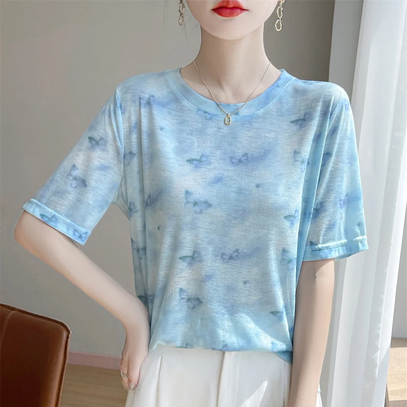 Camiseta de satén de manga corta con ácido acético, camisa holgada de cuello redondo, Color sólido, Media manga