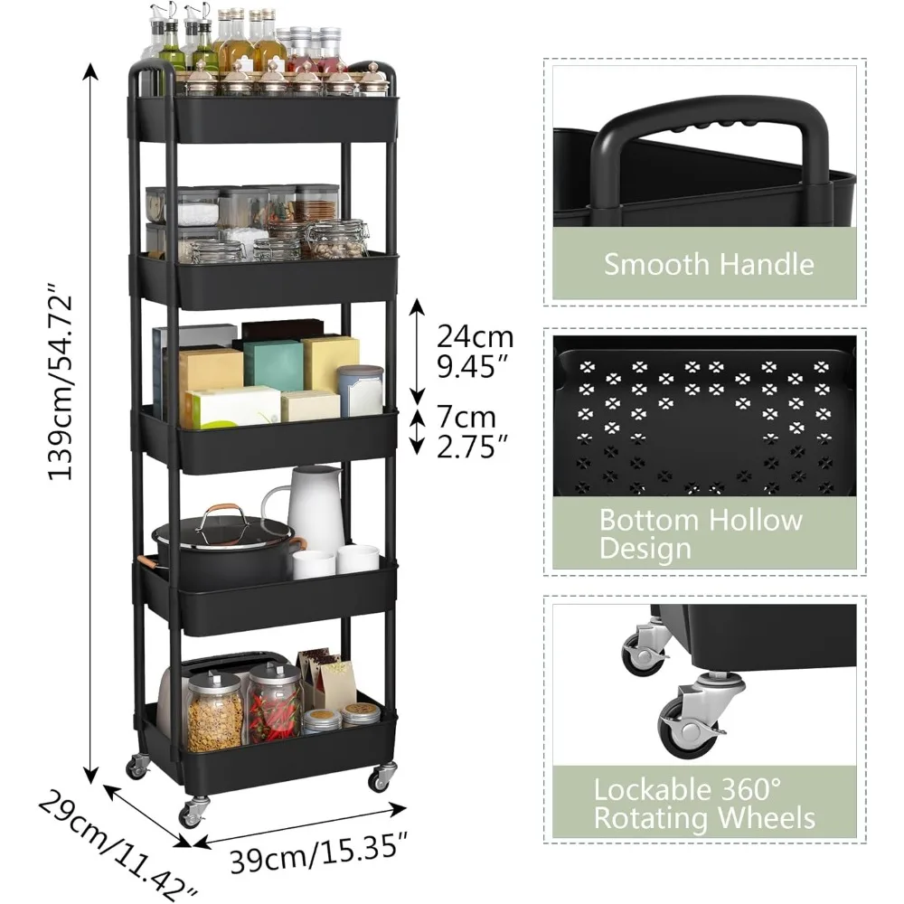 Chariot utilitaire roulant à 5 niveaux avec poignée, chariot de rangement multifonctionnel pour la maison et le bureau, noir