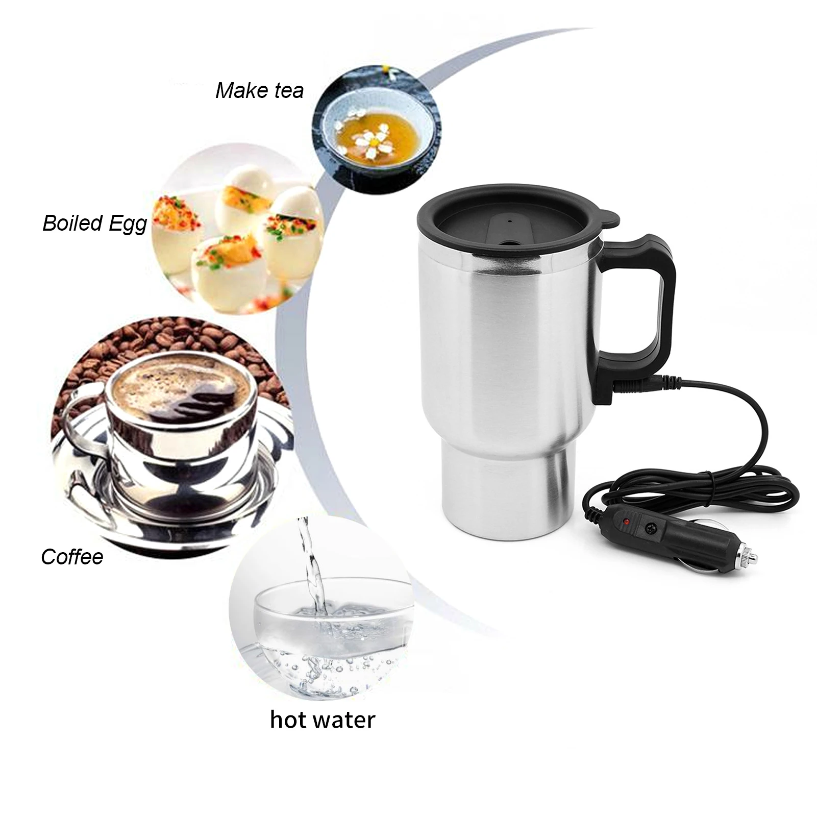 Car Electric Kettle Stainless Steel In-car Kettle Travel Thermoses Heating Water Bottle Heating Cup with Indicator Light Powered