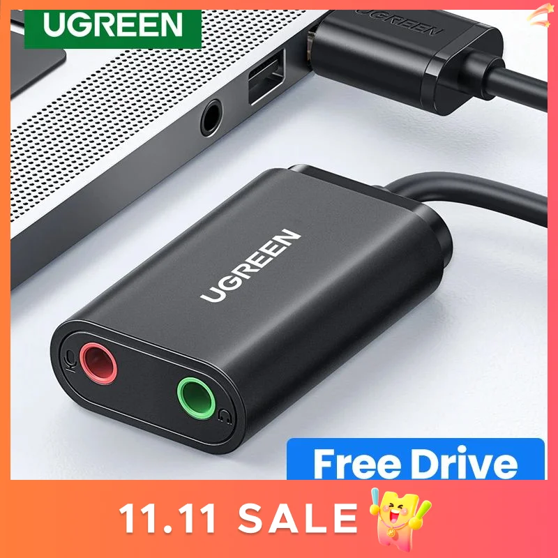 Adaptador de áudio ugreen, placa de som usb para interface de microfone e fone, compatível com computador ps4 5