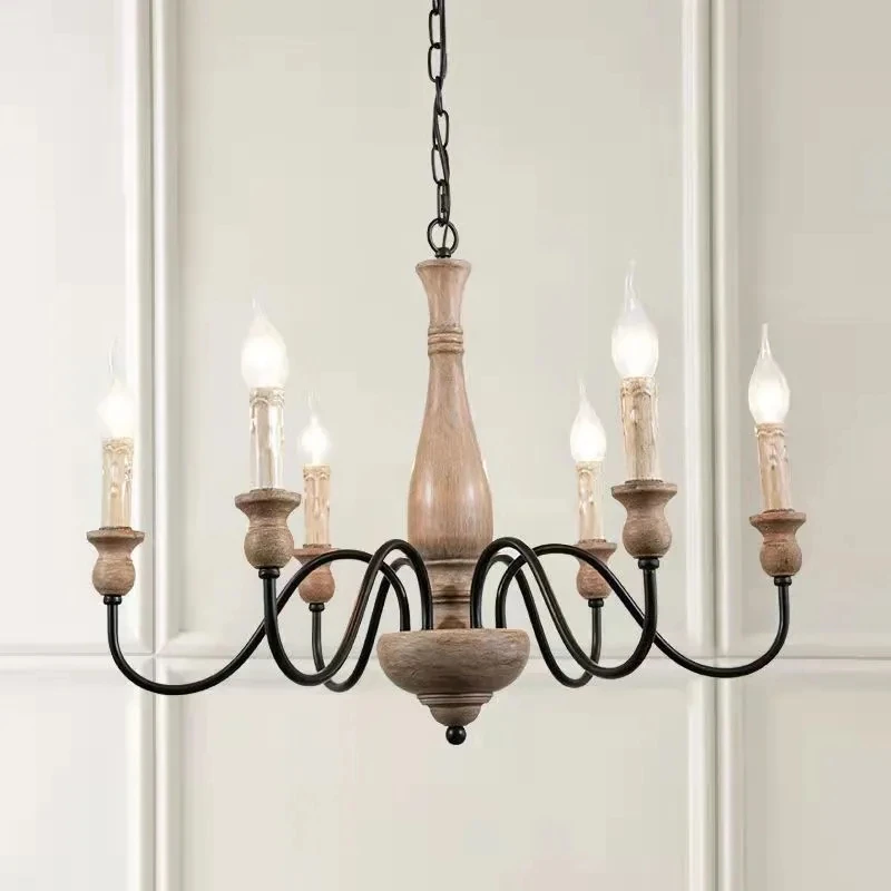 American Vintage Pendant Lamp Solid Wood  Dining Room kitchen Bedroom Light Creation Home French Style Candle Light Chandelier