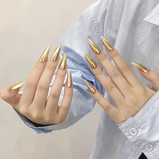 10 Pieces of Hand Pressed Almond Shaped Nails, Beautiful Fake Nails, Pure Gold Mirror Magic Mirror, Suitable for Women to Use