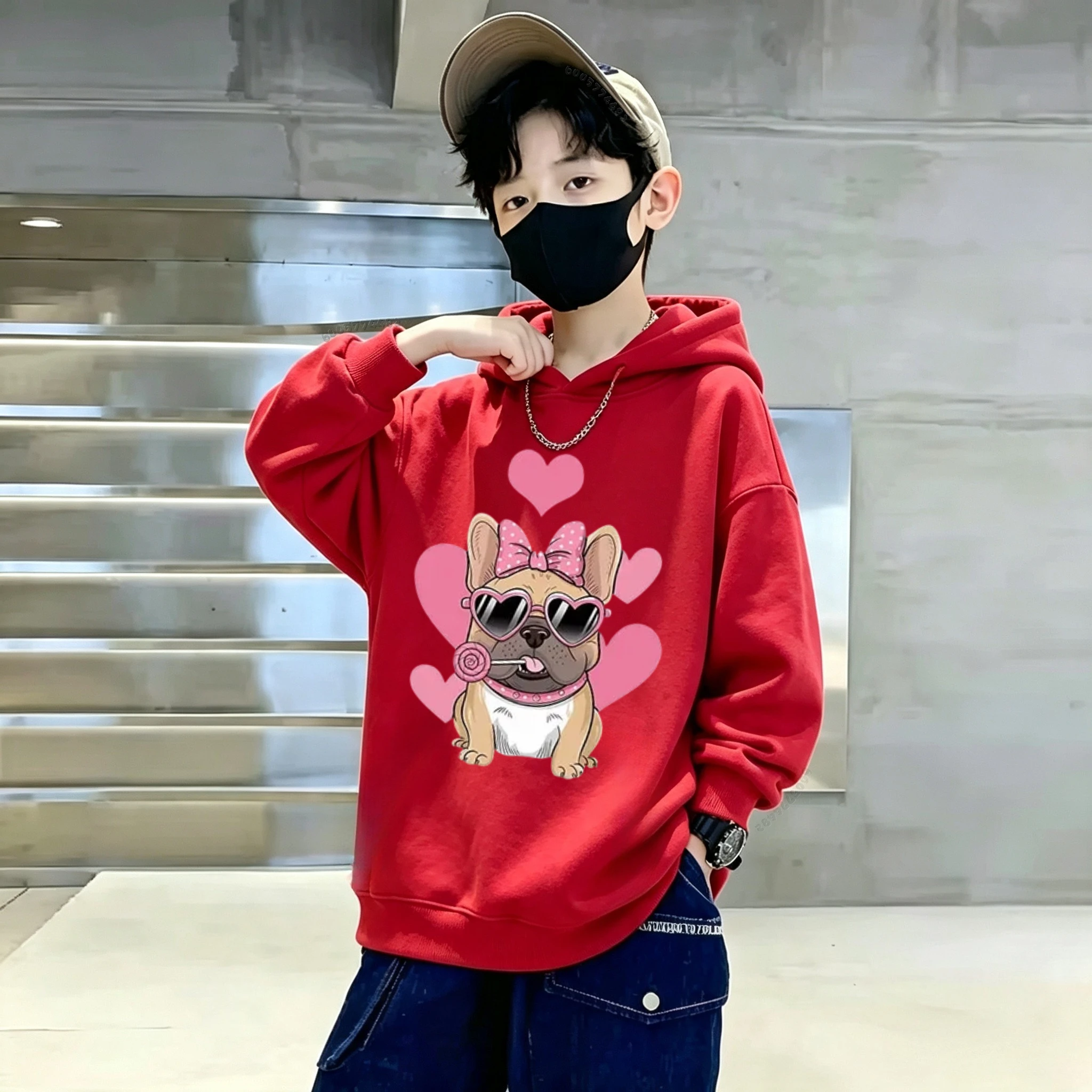 Autumn/Winter Trend Heart-shaped French Bulldog Print Children's Hooded Sweatshirt - Affordable Fashionable Warmth for Kids