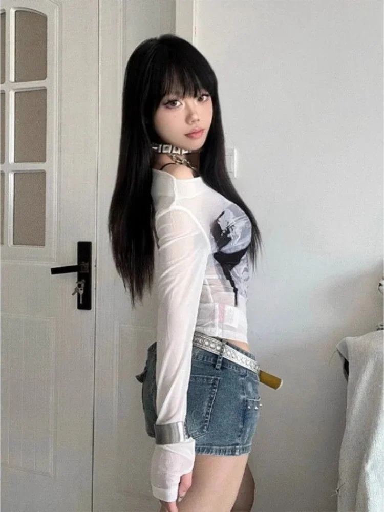 Y2k Tshirts For Women Long Sleeve Print Summer Tees 2026 Ropa Mujer Slash Neck Fashion Sexy T Shirts See Through Korean T Shirt