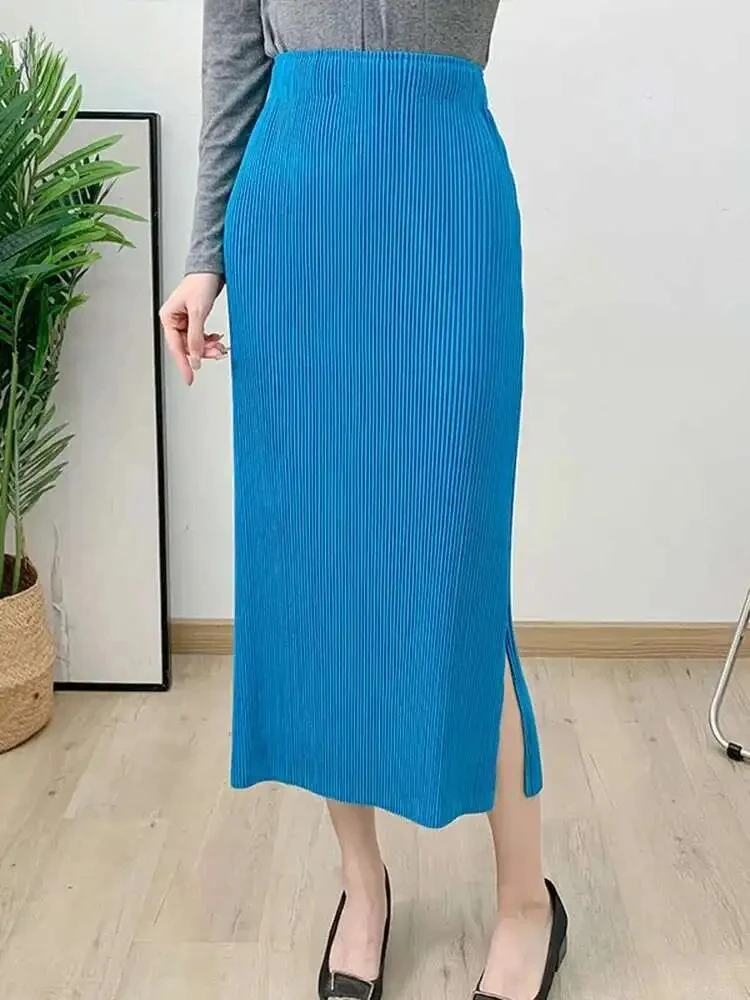 

Miyake плиссированная юбка с разрезом, женская однотонная однотонная юбка с эластичной резинкой на талии, повседневная новинка 2025, летняя свободная женская модная одежда
