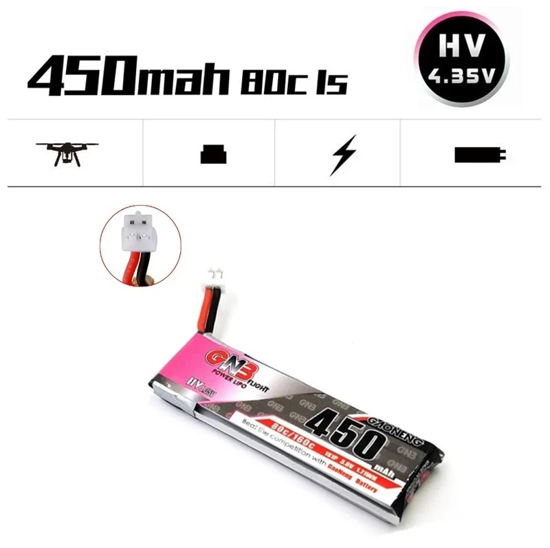 GNB 1S 450MAH 3.8V 80C Max 160C 4.35V HV Lipo battery for M80S Tiny7 Beta75S Emax Tinyhawk Snapper7 Drone with PH2.0 Plug 10PCS