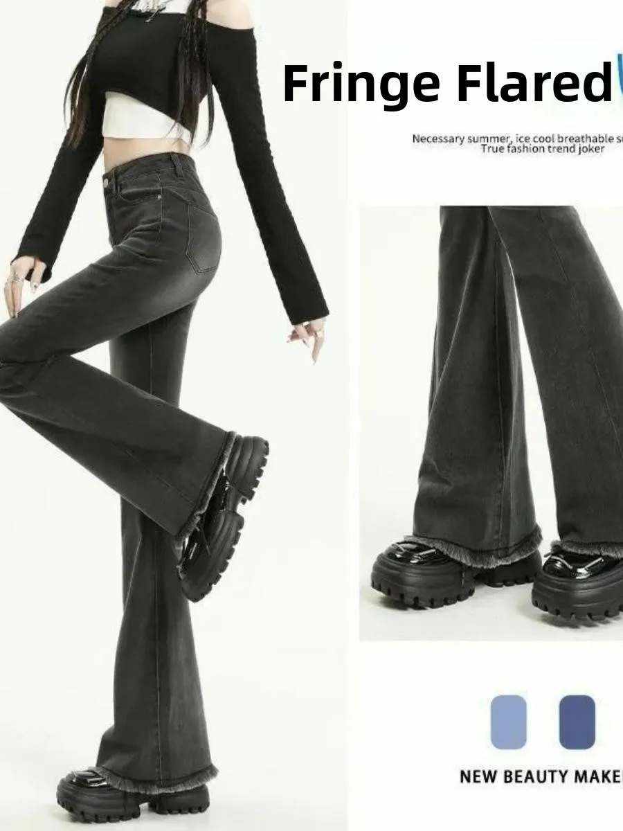 

High Waist Bell Bottom Jeans Women's Grey Denim High Street Style Spring Autumn Long Pants Female Model Other Brand