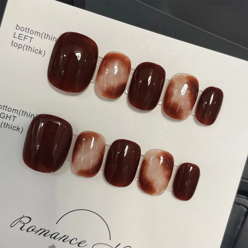 

10 шт., короткие накладные ногти ручной работы с карамелью, полное покрытие, янтарный дизайн, осенний маникюр, носимые типсы для ногтей, искусство