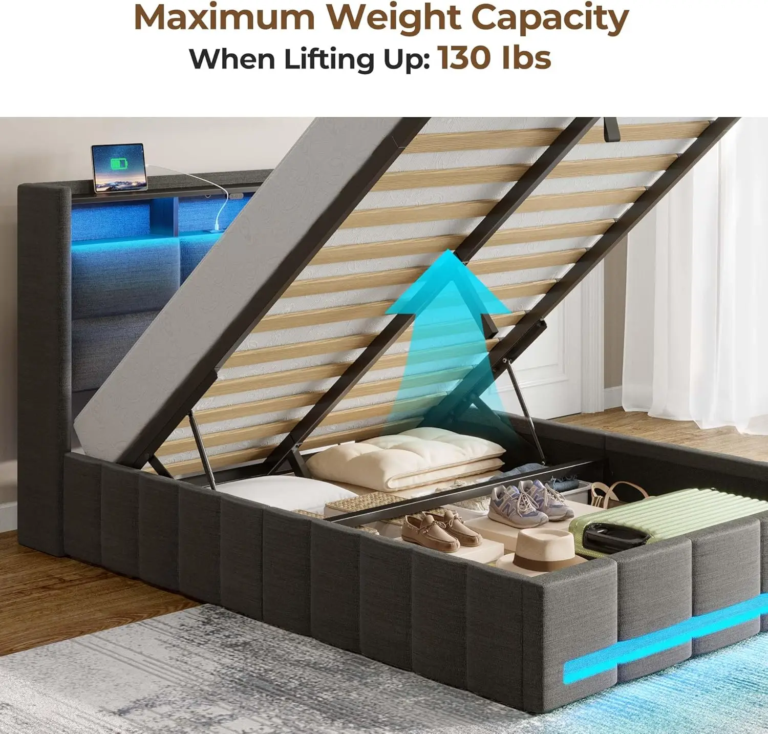 Bed Frame Twin Size with Lift Up Storage, Charging Station & LED Lights, Upholstered Storage Headboard, Heavy Duty Woo