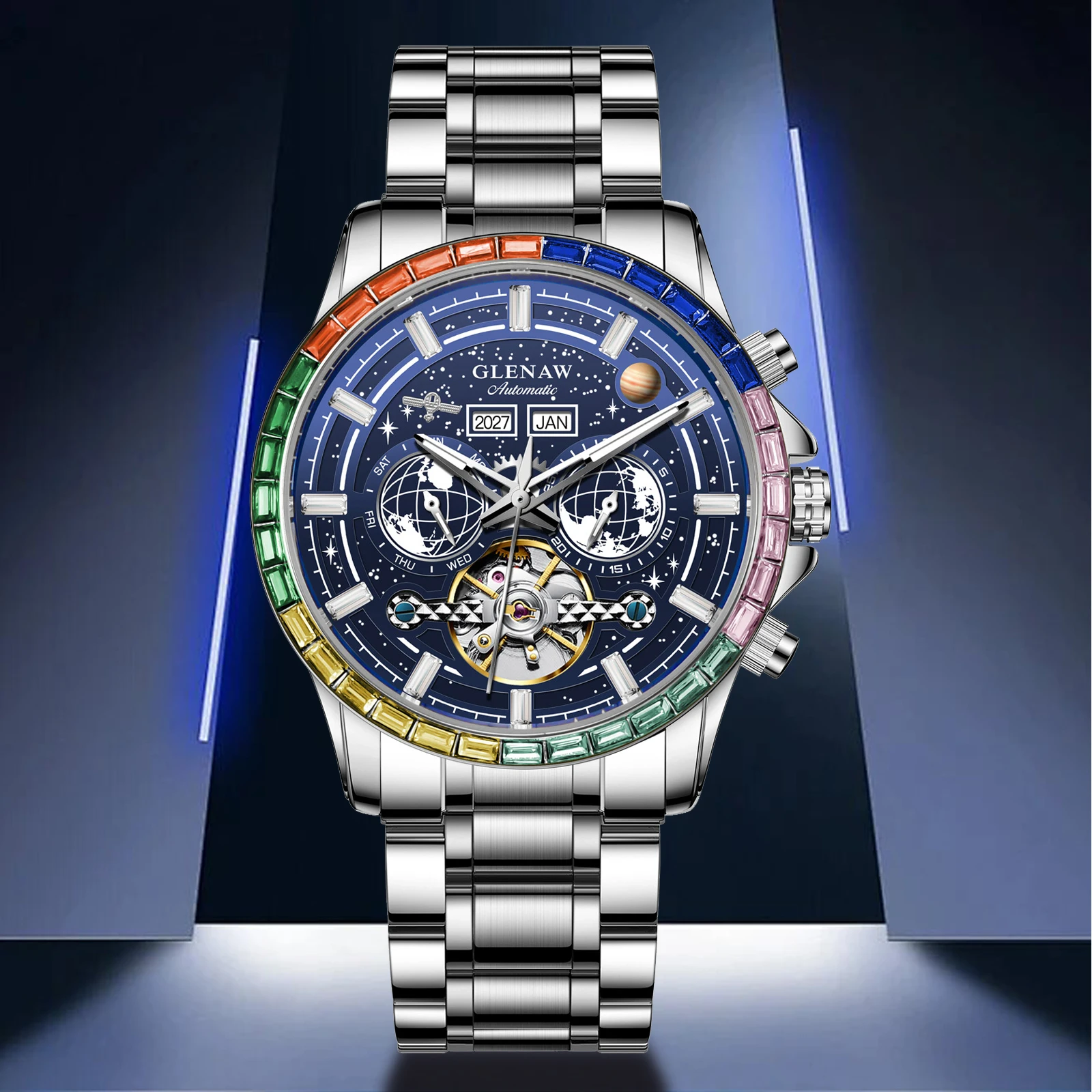 

GLENAW Design New Rainbow Circle Luxury Mechanical Watch Men Stainless Steel Night Light Waterproof Automatic Mechanical Watch