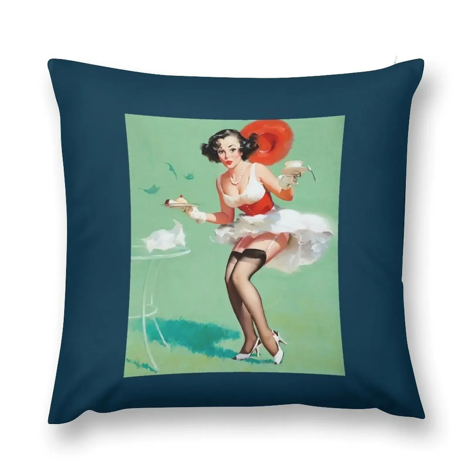 1950s Vintage Pin-up Girl Dessert Cake Food Foodie Pie Tight Red Dress Garter Belt Illustration Art Throw Pillow