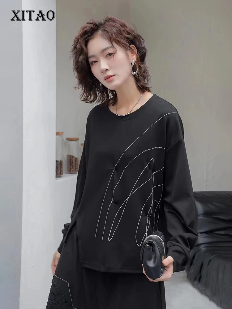 

XITAO Line плиссированная футболка с разрезом нестандартной формы, свободная футболка с длинными рукавами, осень 2022, новый однотонный индивидуальный трендовый женский топ GJ1243