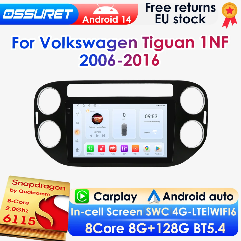 OSSURET AI Carplay Android 14 Autoradio Für Volkswagen Tiguan 1NF 2006-2016 GPS Multimedia 4G DSP BT 8G 128G Von Snapdragon 6115