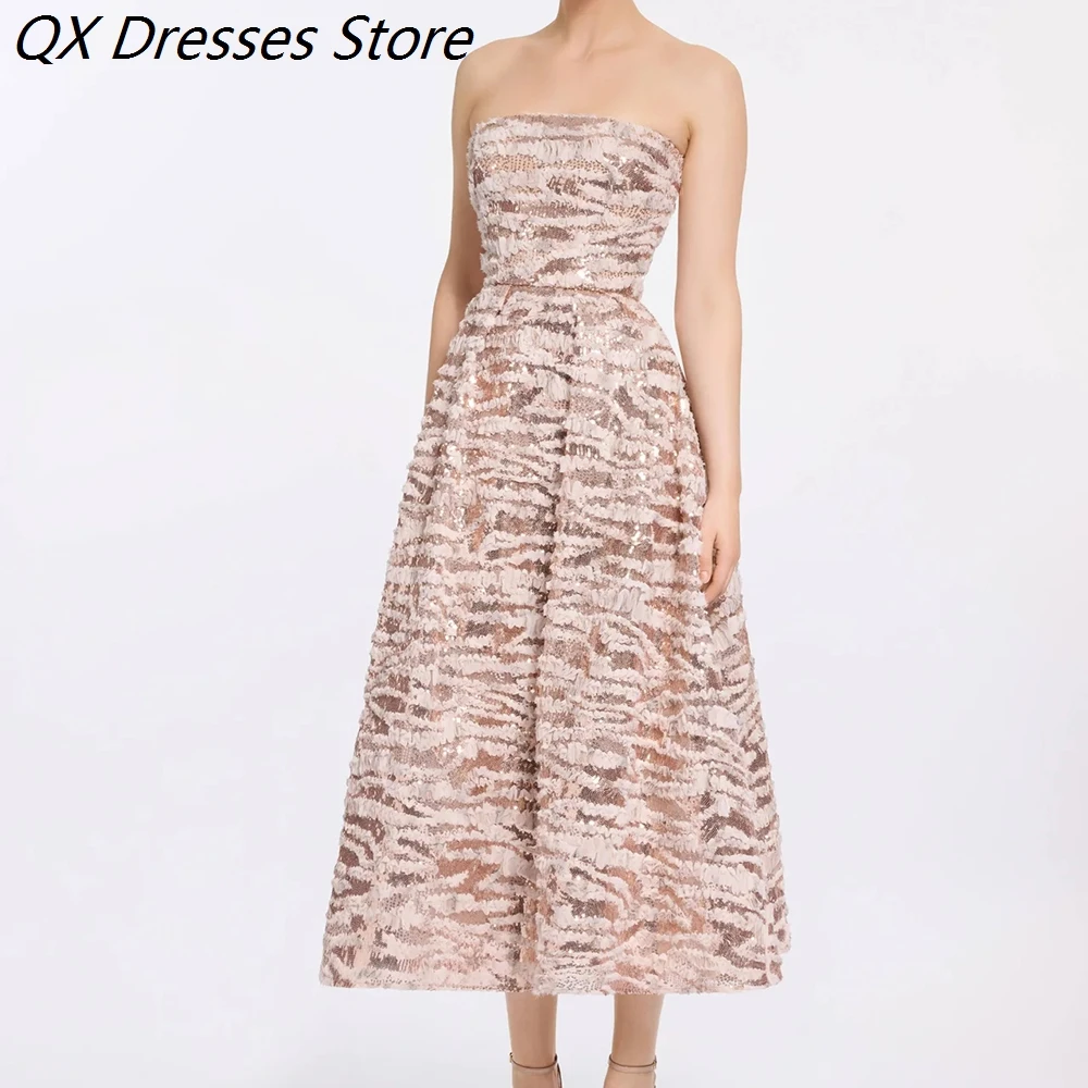 

Women's A-line Evening Dresses Tea-length Strapless Sleeveless Prom Dresses Fashion Sequined Simple Draped Customized Gowns