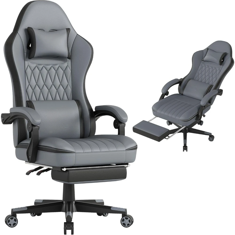 Game Chair with Footstool, Ergonomic Computer Chair, PU Breathable Material, Headrests and Lumbar Support