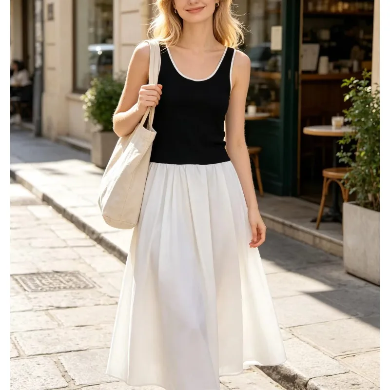 Womens Minimalist Sleeveless Long Dress Black White Color Block Summer Beach Vacation Elegant Outfit 2026