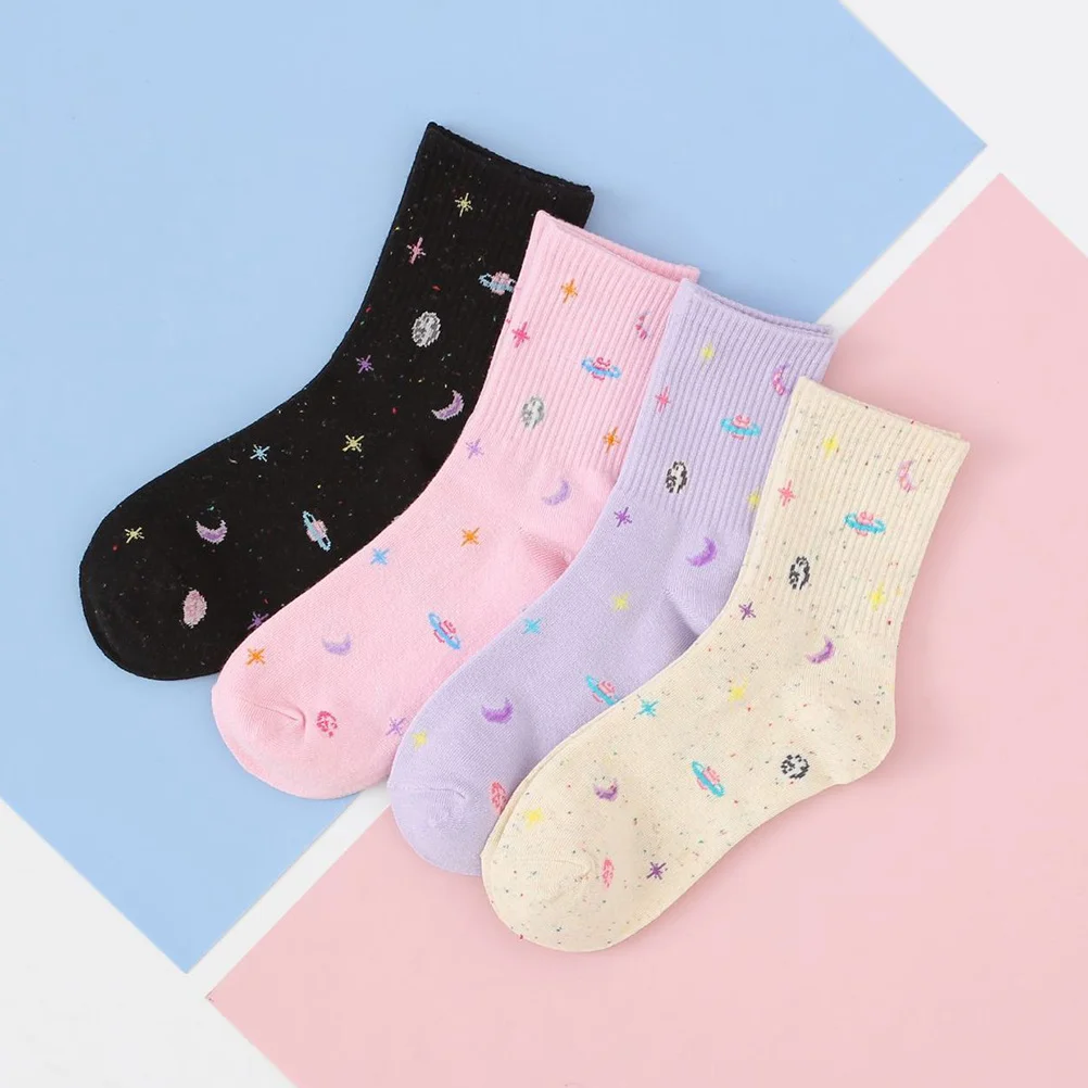 4 pares de calcetines Sky de algodón de tubo medio, calcetines cálidos transpirables con estampado para mujeres y niñas, medias de algodón de tubo medio