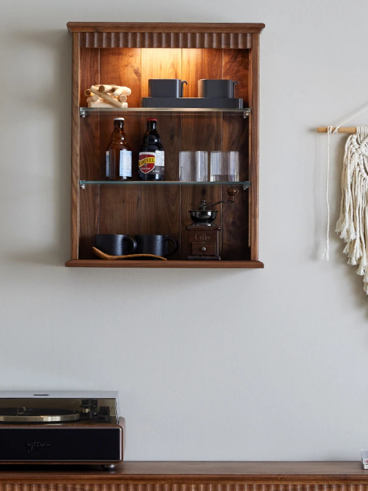 Cup Holder Shelf Black Walnut Hand-Made Wall Cupboard Retro Wall Mount Wall Closet