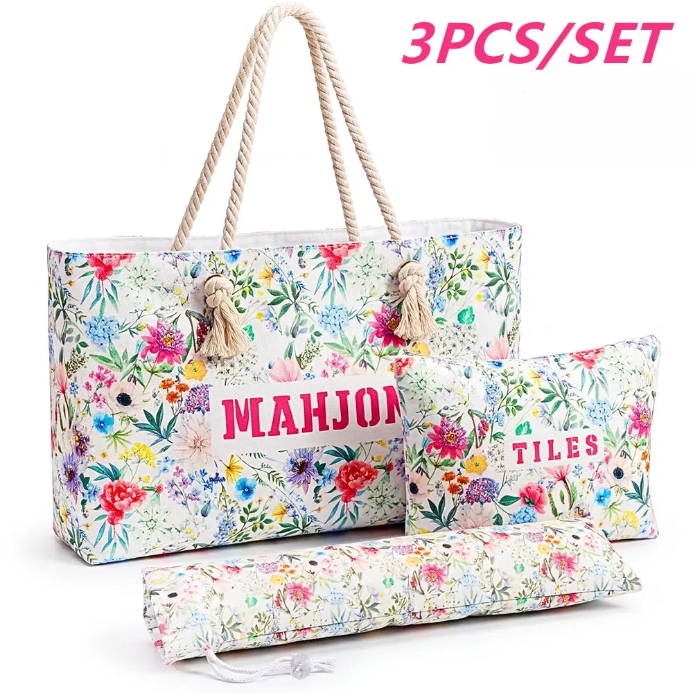 3Pcs Floral Mahjong Storage Bag Set Large Capacity Mahjong Carrying Bag Water Resistant and Tear Resistant Makeup Tote Bag