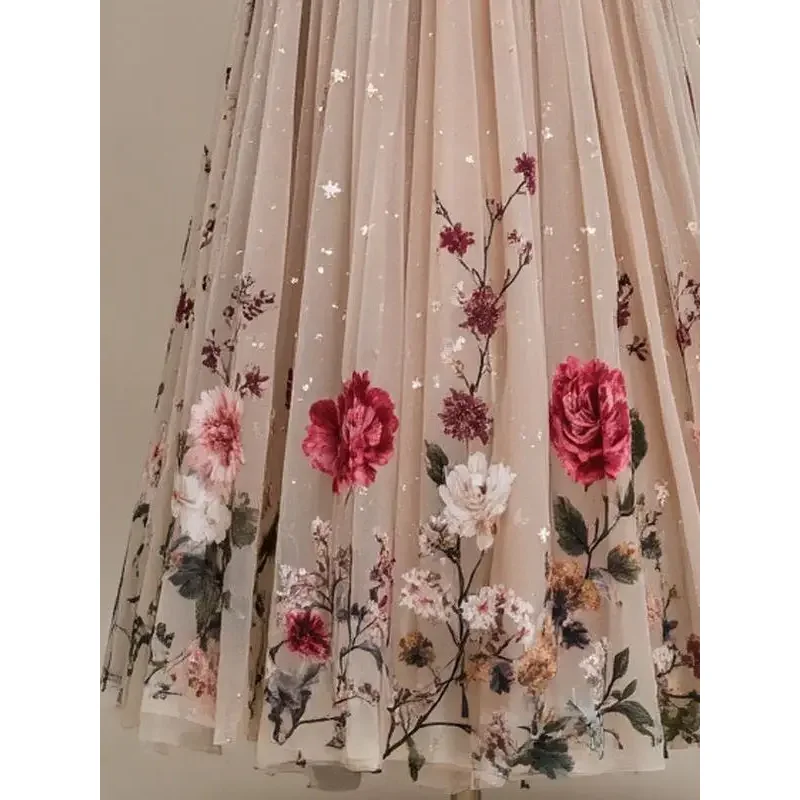 Grande taille Frence esthétique fleur imprimé maille fluide jupe femmes tempérament doux a-ligne taille haute mi-longue jupes complètes