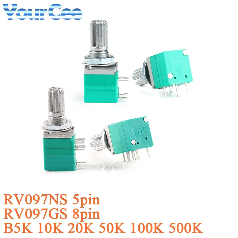 5pcs RV097GS RV097NS Dual Single Switch Switching Capacity Potential Rotary Potentiometer 5K 10K 20K 50K 100K 500K 15mm 5Pin 8P