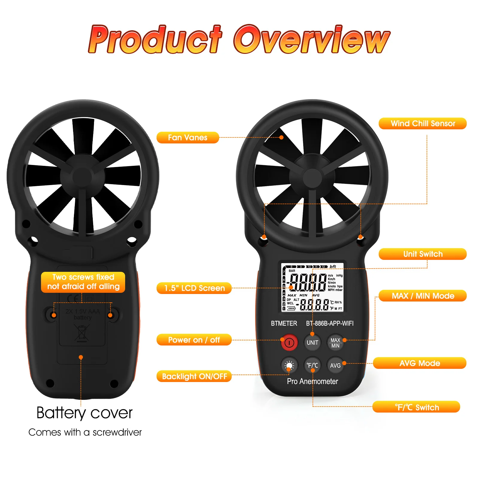 Smart Anemometer WiFi Handheld Wind Speed Meter Air Flow CFM Tester Gauge Tuya APP Data Logger,Airflow Meter Wind Gauge