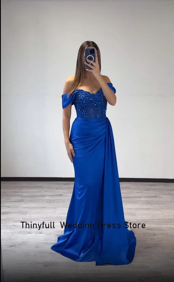 Thinyfull Blue Mermaid Elegant Evening Dresses Off Shoulder Appliques Satin Prom Party Dress Formal Occasion Gown Robe De Soirée