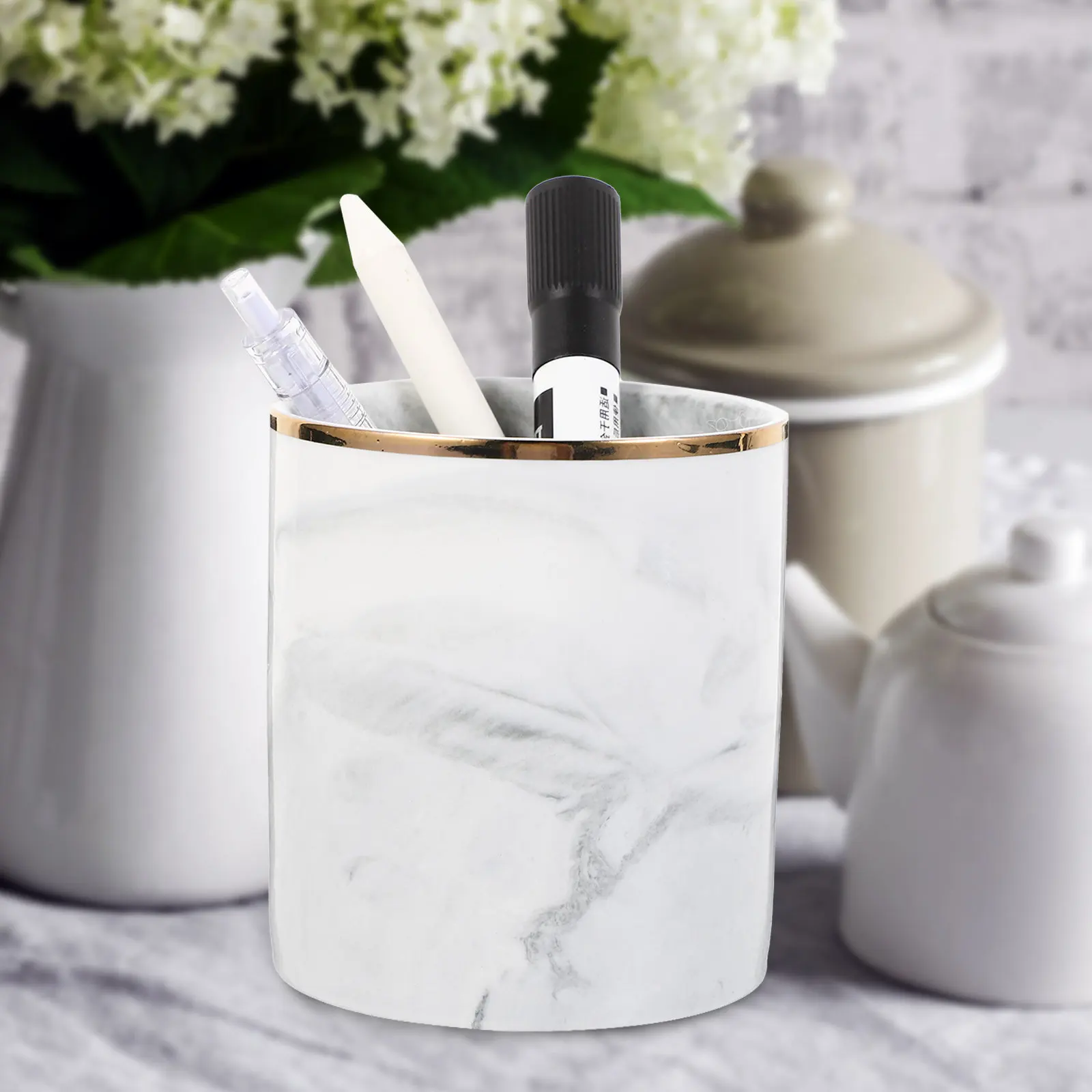 Large Capacity Marble Pen Holder Desk Pen Organizer Pencil Cup for Office Home Classroom Makeup Brushes Pens Pencils Rulers