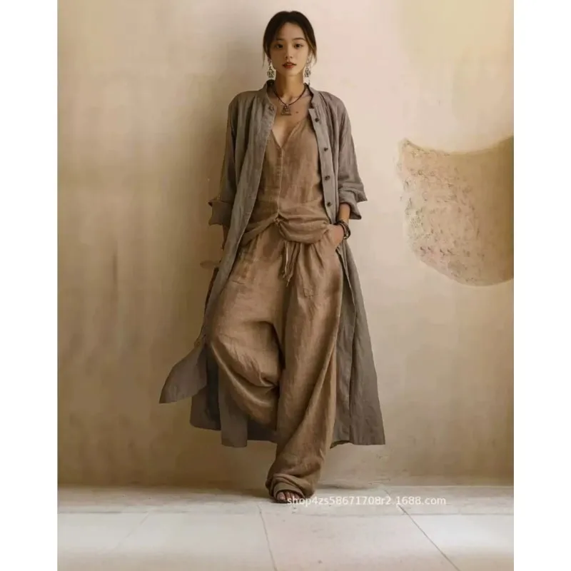 Vintage Print 3-Piece Set Women Casual Long Sleeve Long Cardigan Coat + V-Neck Top+ Wide-leg Trousers Loose Long Pants Sets 2026 view 3