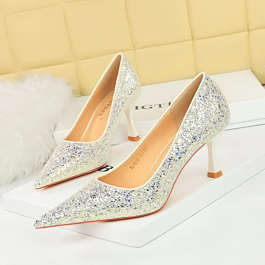 

Fashion Banquet Metal High Heels Shallow Mouth Sharp Point,shining Sequin Cloth Single wedding shoes Women's Pumps Shoes Women