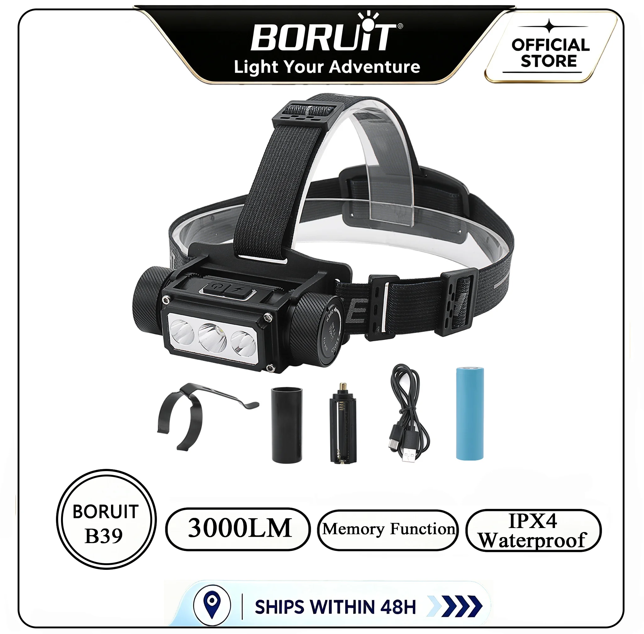 BORUiT B39 LED Headlamp 3000LM Super Bright Headlight TYPE-C Rechargeable 21700 Battery Head Torch Fishing Camping Lantern