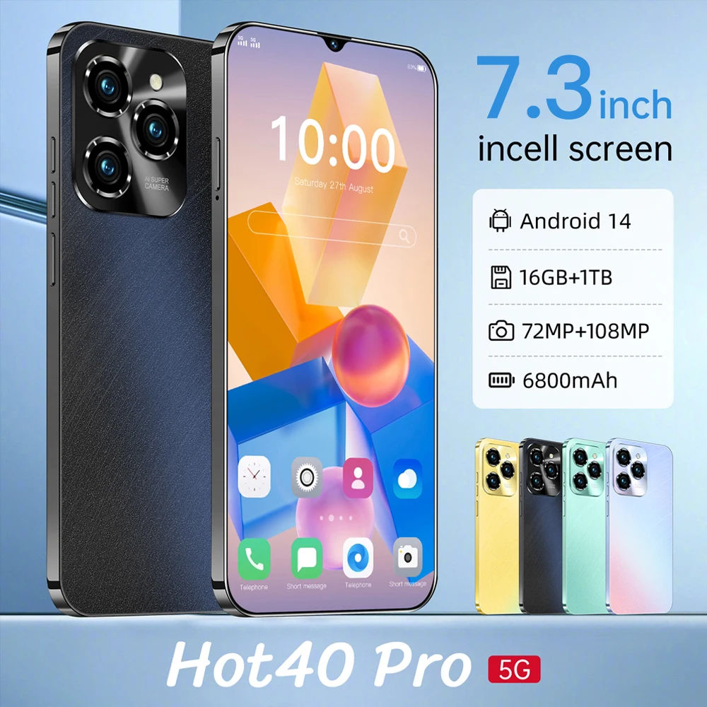 Global Version Original Hot 40 Pro mobile phones cellphone 7.3inch smartphone android Celular 16G+1TB 108MP Dual SIM Card