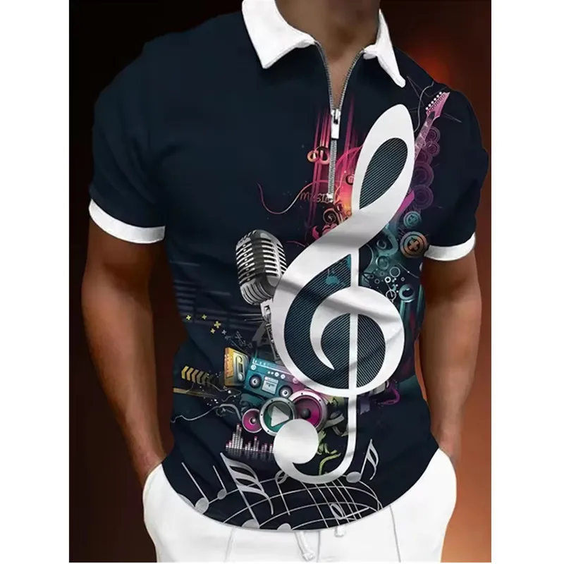 Men Polo Shirt 3D Funny Music Notes Printed Casual Polo Shirt Men's Golf Sport Short Sleeves Zipper Big Size Loose Pullover Tops