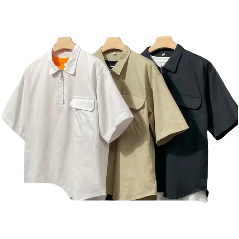 Oversize Casual Men's Workwear Shirt Loose BF Pure Color Hong Kong Style Short Sleeve Jacket Summer Comfortable Male Outerwear