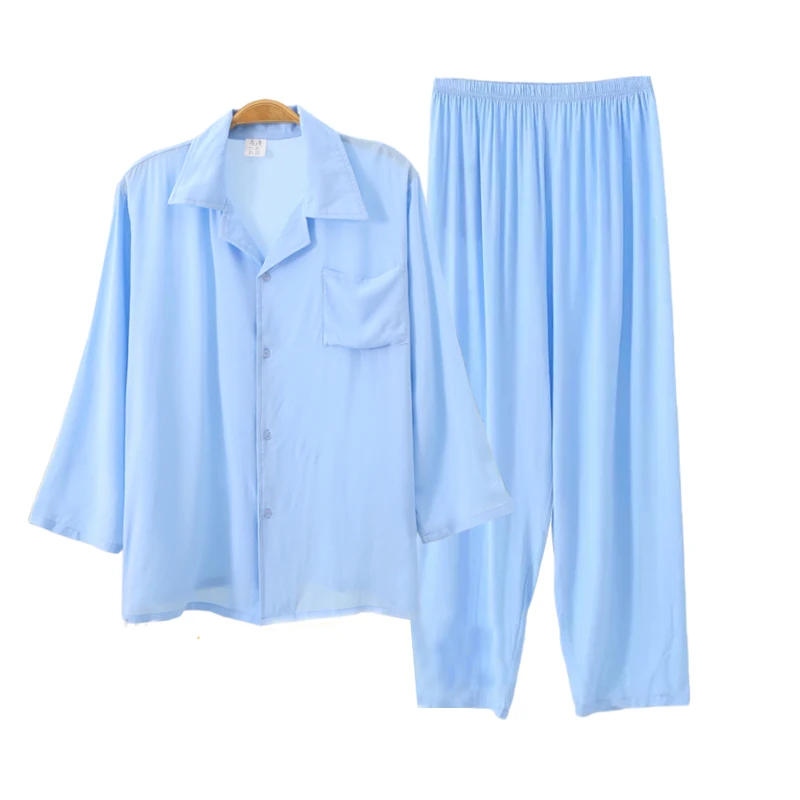 Summer Cotton Silk Men Suit Royal Blue Long Sleeve Shirt  Straight Pants 2 Pieces with Loose Comfortable Pajamas Cool Breathable