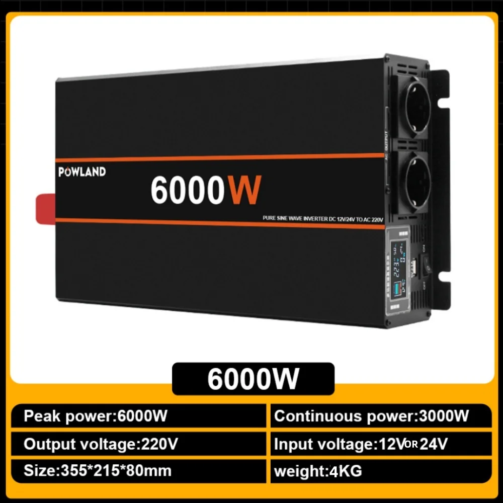 Powland 8000W 6000W Zuivere Sinus Omvormer 12V 24V Naar 220V 230V 50HZ Power Converter met Afstandsbediening Auto Omvormer Voor Thuis