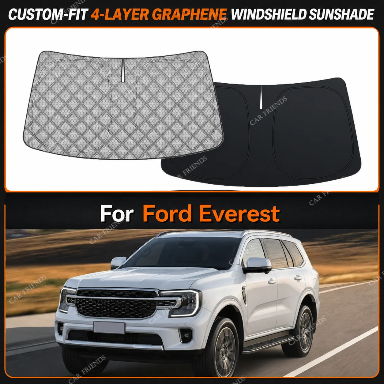 For Ford Everest Custom-Fit 4-Layer Graphene Windshield Sunshade Reflective Gray-Silver Surface Helps Reduce Direct Sunlight
