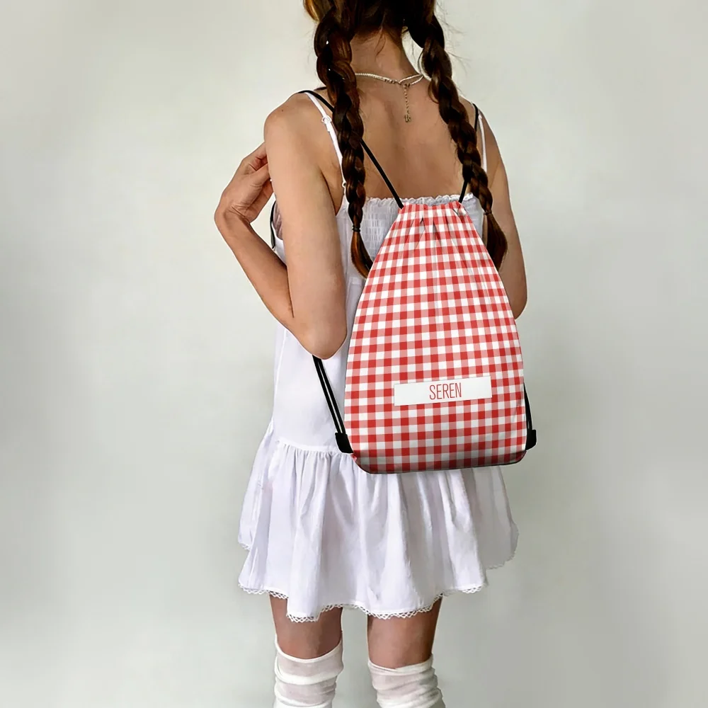 1Pc Personalized Custom Name/Text Grid Drawstring Backpack, Lightweight Sports Bag, Gym Storage Bag, Outdoor Travel Rucksack