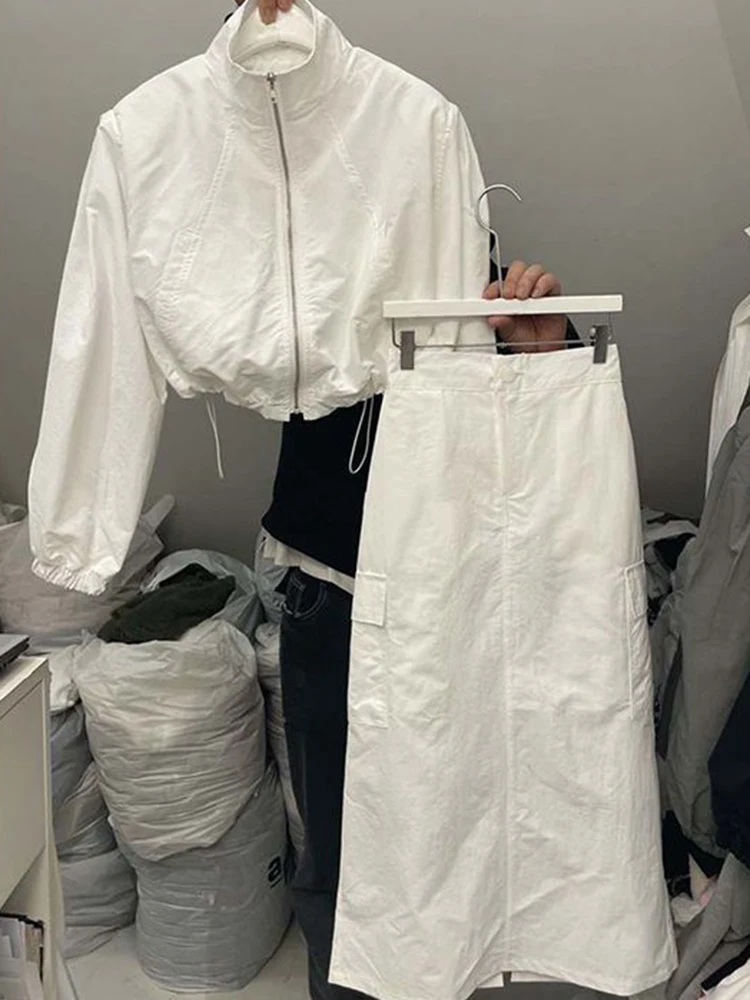 

Autumn Fashion High Waist Button Long Skirt Short Long Sleeve Sports Coat Two Piece Set Women Solid Casual Shirt 2 Pieces Set