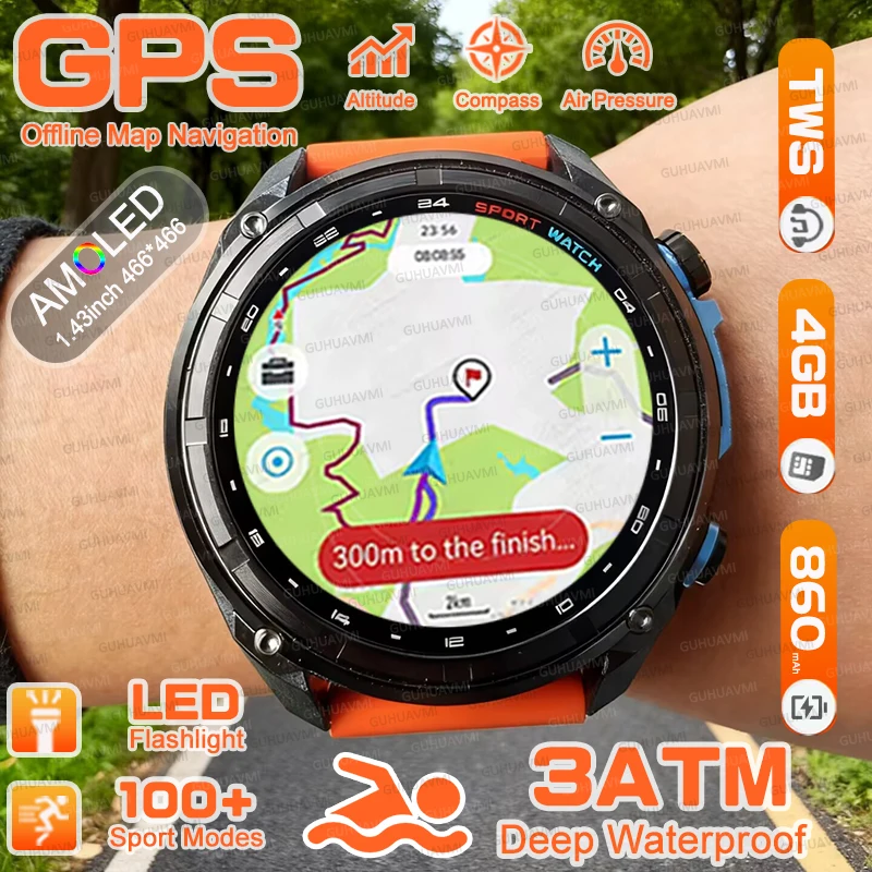 

NEW Military Offline map 860mAh Battery Smart Watch 4GB Big Memory GPS Navigation MP3/MP4 Player Swim Sports Trackr Smart Watch