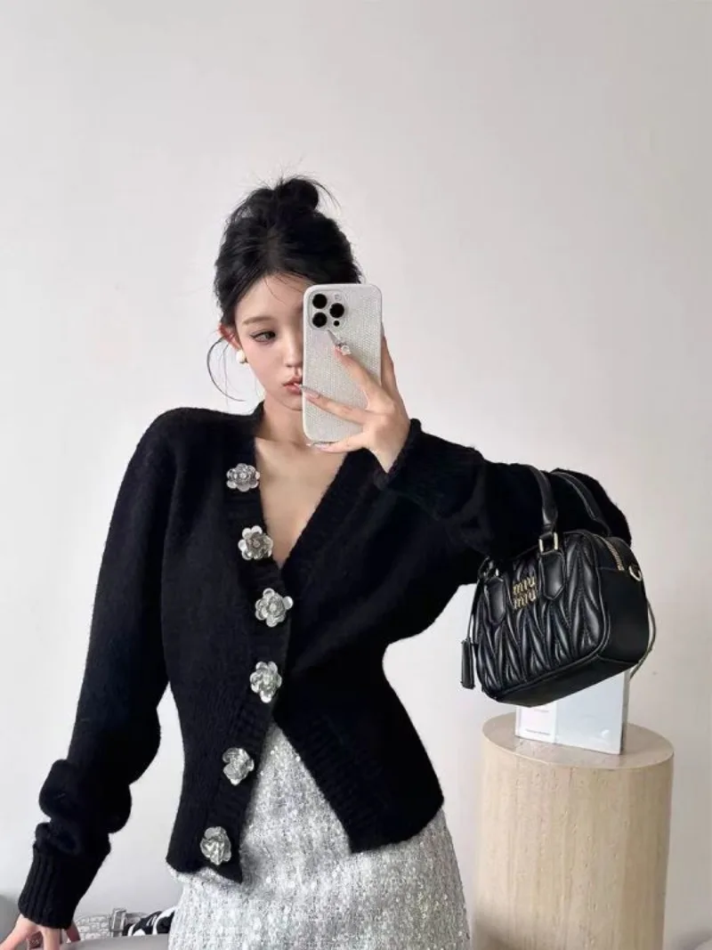 Neploe 2024 Autumn Winter Sweet V-Neck Knitted Cardigan Femme French Vintage Waist Cinching Slimming Rose Decoration Sweater