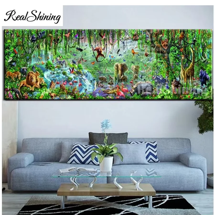 5D DIY Diamond Painting Wild Animals Paradise Full Diamond Mosaic Lion Tiger Elephant Giraffe Buffalo Large Cross Stitch 300x100