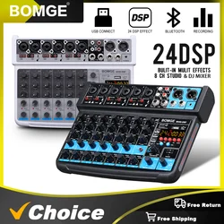 BOMGE 8 channel mini audio mixer  Line Mixer ，DC 5V，Bluetooth,48V ,24DSP  effects  for Small Clubs or Bars, Studio Recording