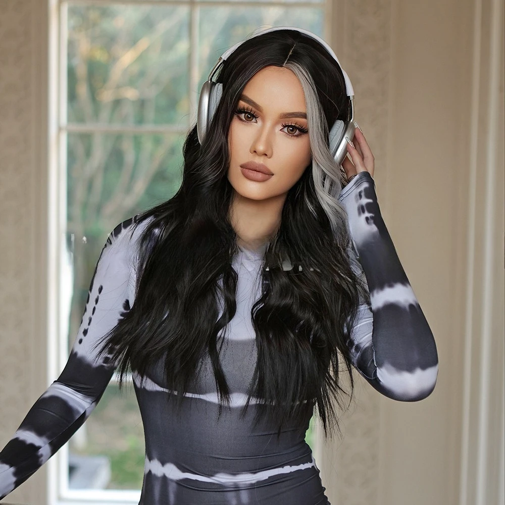 شعر مستعار جديد أسود، رمادي متوسط الطول، شعر مجعد، تموج الماء، شعر مستعار نسائي يومي