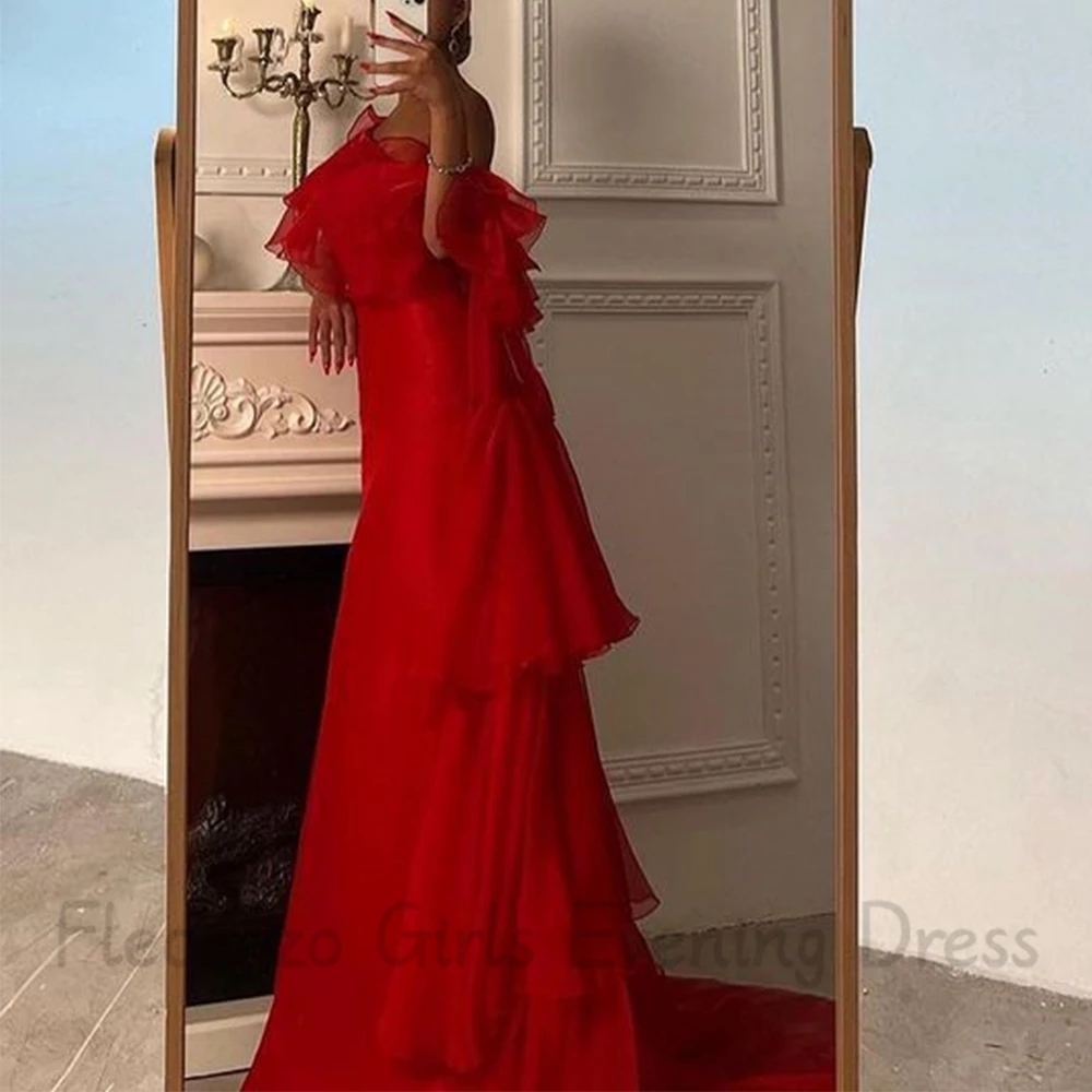 Flechazo Red Mermaid Evening Dress One-Shoulder and Off the Shoulder Women Tiered Ruffles Party with Sweep Train Gowns Custom