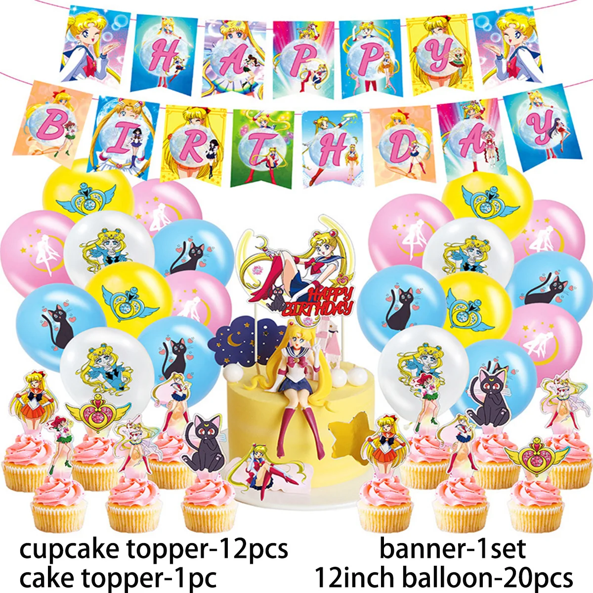 Cartoon Sailor Moon Theme Girl' s Birthday Party Supplies Decor Balloon Banner Backdrop Cupcake Topper Kids Baby Shower Gifts