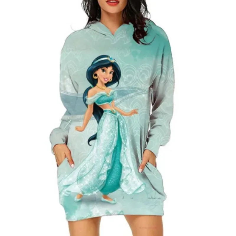 2024 Disney Mermaids Princess Series Sweater Ladies Long-Sleeved Coats Women's Round Neck Pullover Hooded Sweatshirt Dress