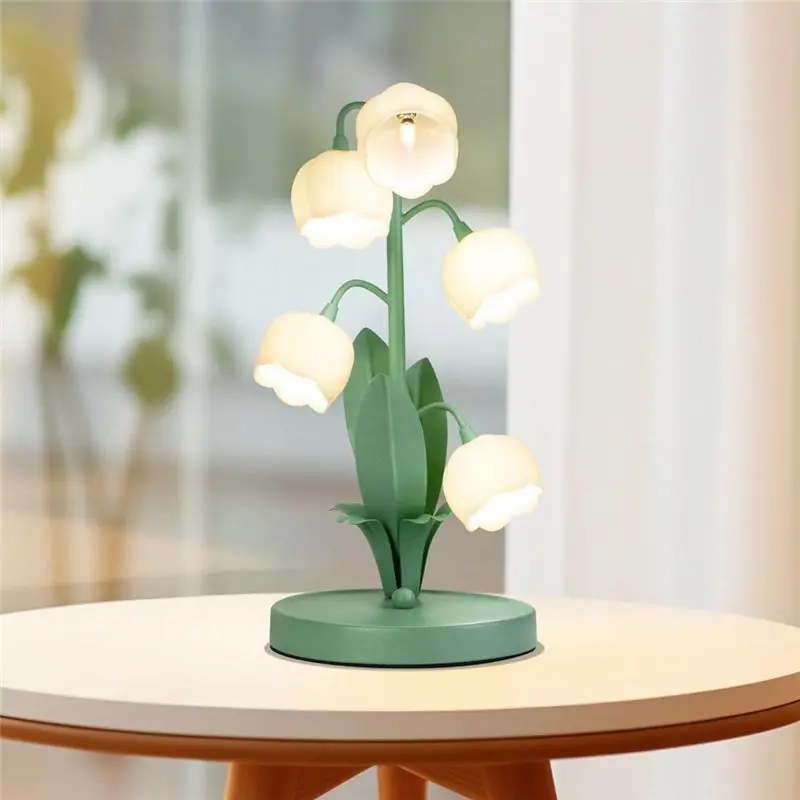 AB08-Vintage Flower Table Lamp For Home, 5 Lily Of The Valley Bedside Lamps 3 Color Modes Nightstand Lamp For Bedroom US Plug