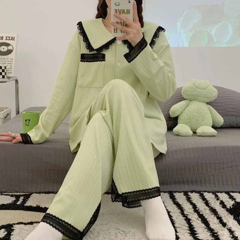 2023 New Pajama Women's Spring Autumn Solid Color Cotton Jacquard Cardigan Lapel Loose Fat Plus-size Set Lace Edge Loungewear