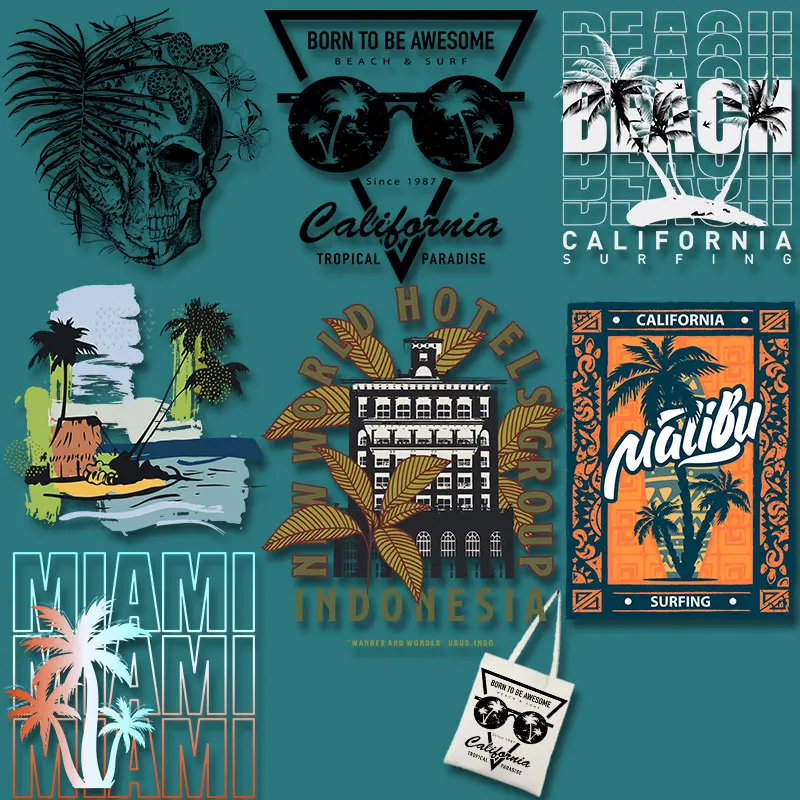 Miami Summer Vibes California Surfing Skull Born to Awesome Beach & Surf Since 1987 Iron-on Transfers for Clothing Diy Craft